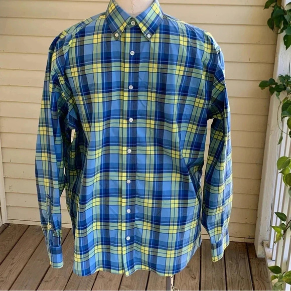Jos A. Bank Travelers Collection Plaid Shirt Sz XL Blue Yellow Plaid Ivy League - Picture 1 of 7